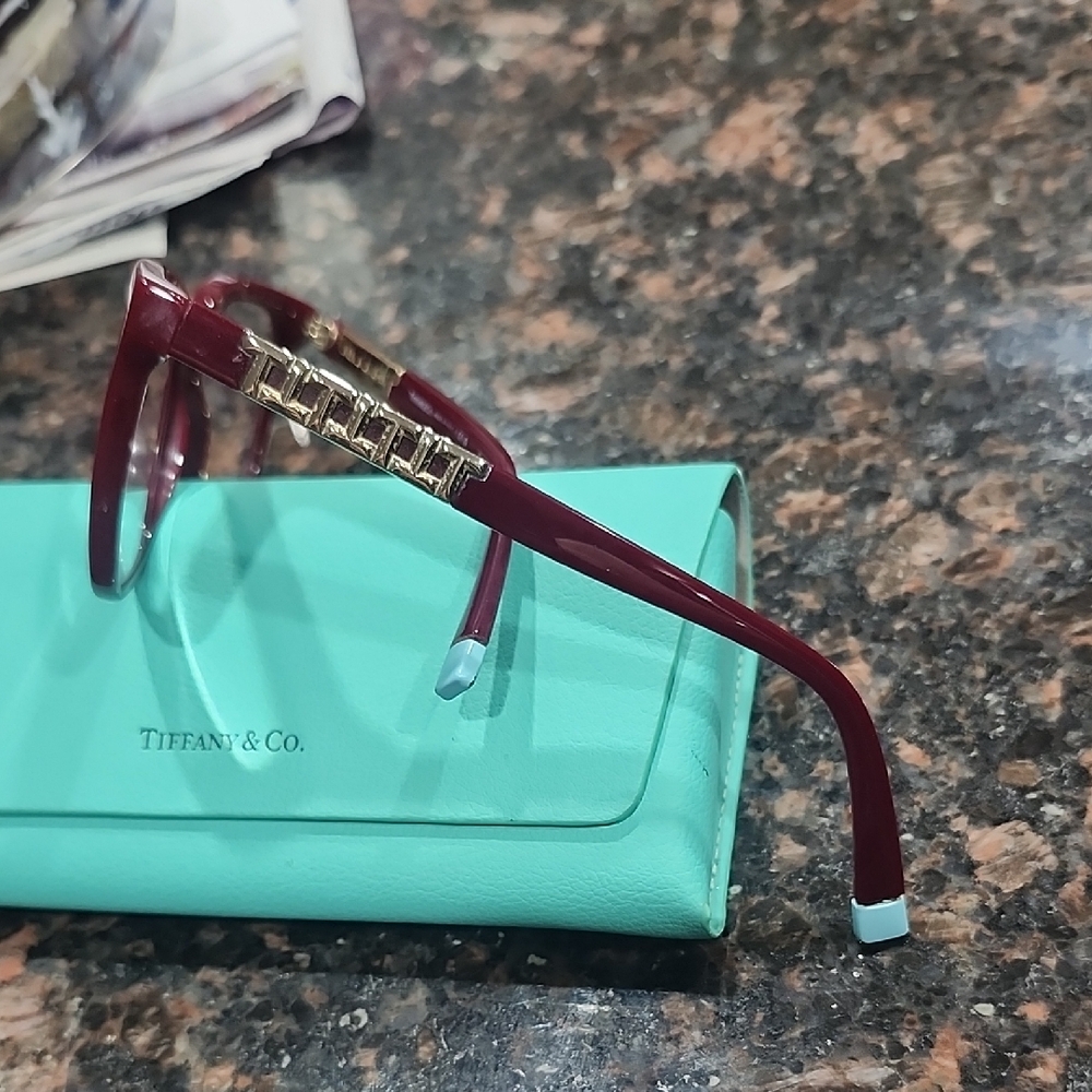 Tiffany & Co. Red Glasses with Gold Detailing. With Case